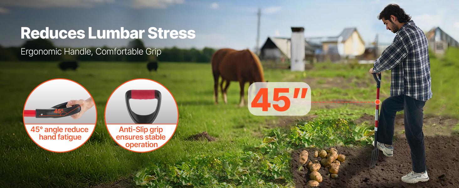 VEVOR Garden Fork, 4-Tine Gardening Pitchfork with Fiberglass Handle, 45 in Heavy Duty Digging Fork with Y Grip, Forged Steel Spading Fork for Hay Potato Composting Transplanting Aeration