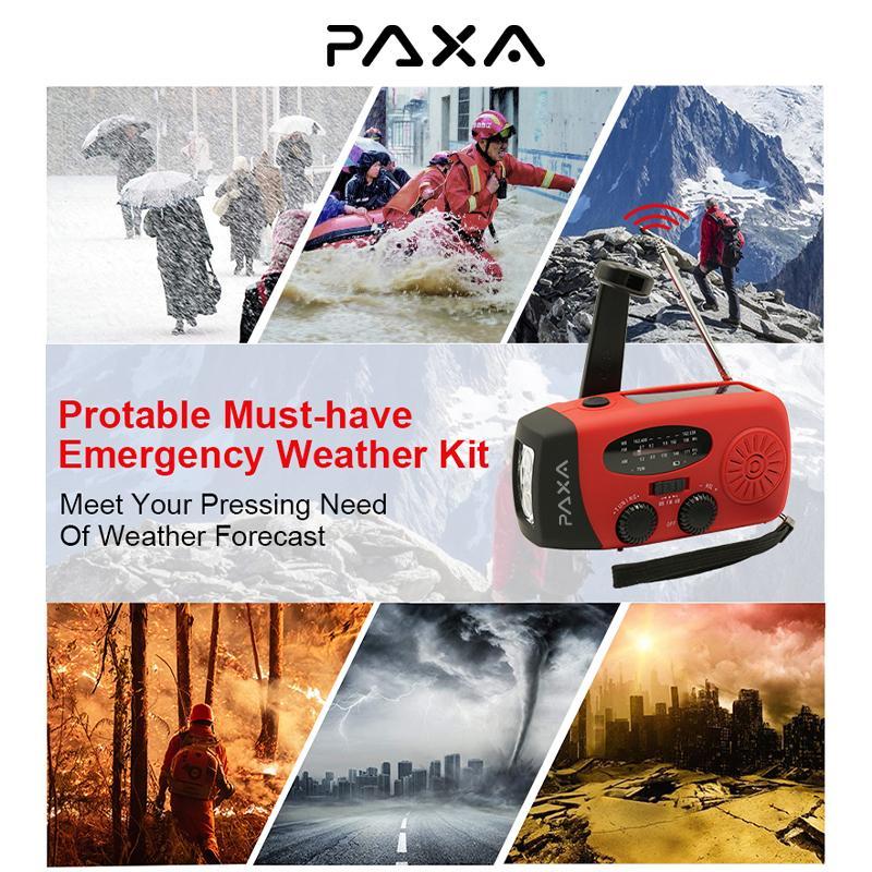PAXA Compact Solar Powered Hand Crank Emergency Radio, Chargeable Power Bank Weather Radio with Flashlight for Charging Phones, Portable Charger Radio with LED Lights