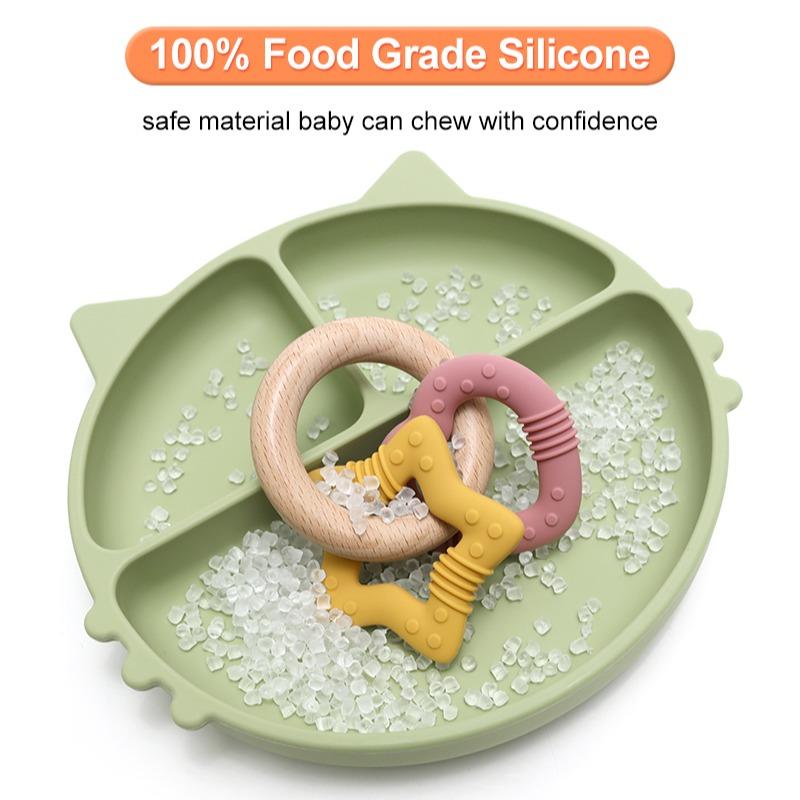 Baby Silicone Wooden Teething Toy, Heart Star Multi Texture Chewable, Infant Soothing Teether, Anti-Sucking Educational Rattle Gift