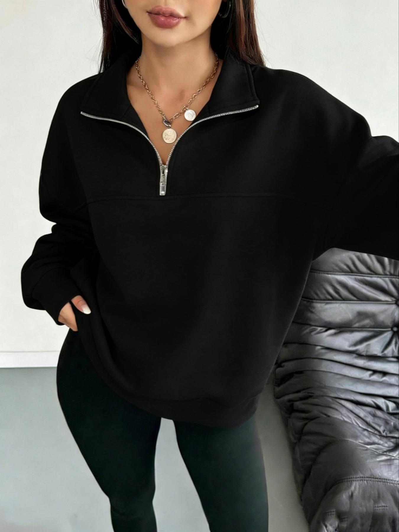 Women's Hooded Half-Zip Casual Round Neck Sport Top, Full Print Leaf Pattern, Digital Printing, Loose Fit, Fall & Winter