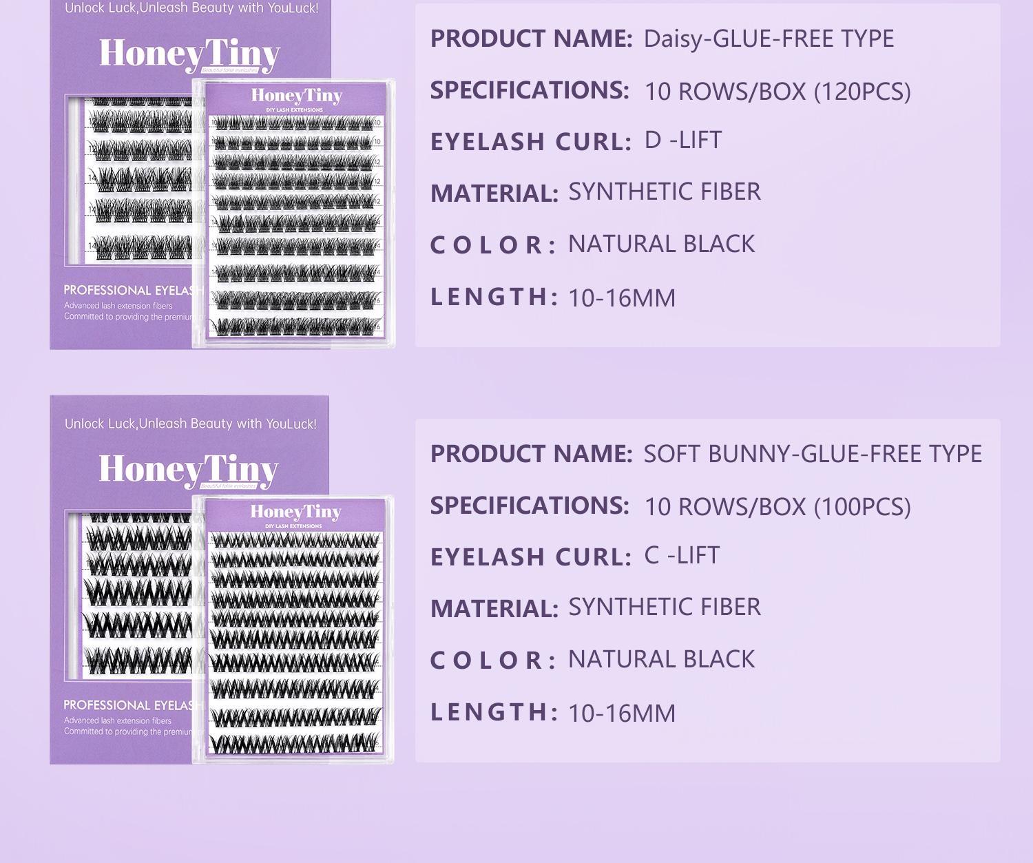 Honeytiny Cluster False Eyelashes, 4 Styles, No Glue Easy Removal, Sizes 10mm-16mm, Lightweight, Secure Fit, Self-Adhesive, Perfect Makeup