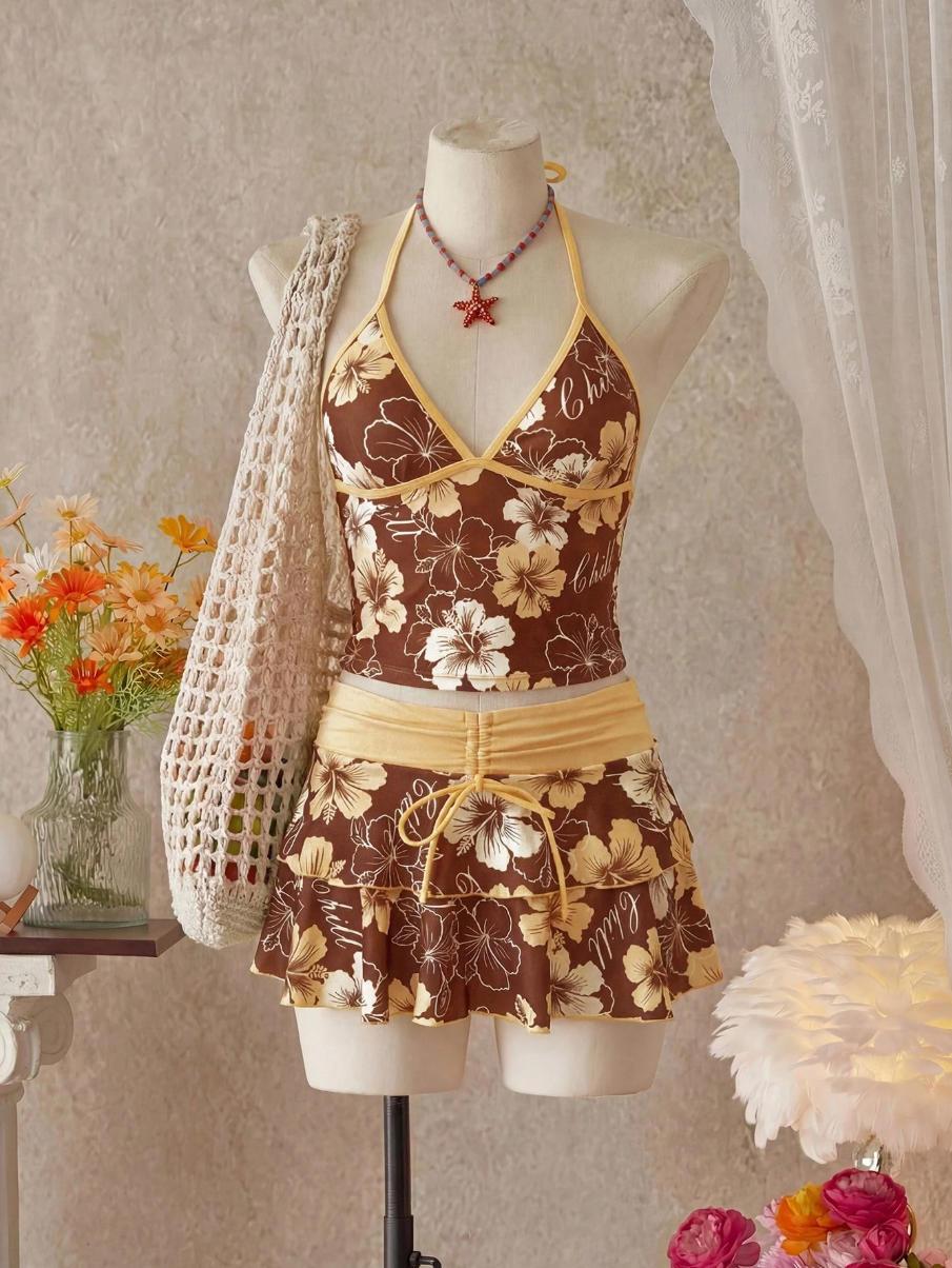 Women's Summer Beach Festival Print Halter Bikini Set, Casual Vacation Style, Fitted Tank Top and Skirt Three-Piece Suit, Tankini Sets
