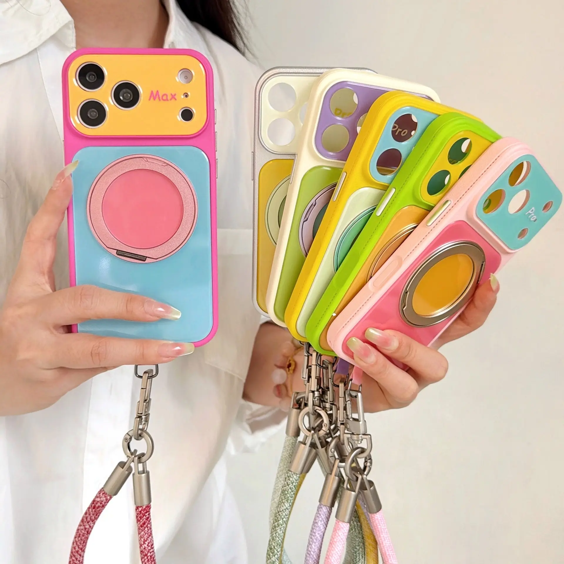 Dopamine Color Acrylic Magnetic Phone Case - Phone Accessories, Colorblock Glossy Finish Cover, 360° Rotating Ring Stand, Full Camera Protection, MagSafe Compatible for iPhone 17,16,15,14 Pro Max