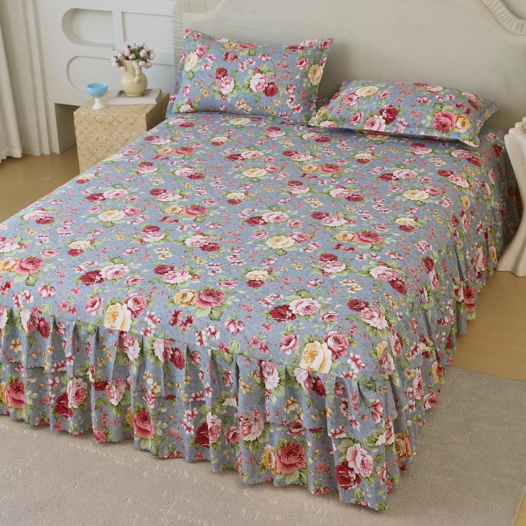 Floral Print Ruffled Edge Bed Skirt Set, 3 Counts/set Including 1 Bed Skirt & 2 Pillowcases without Filler, Comfy Bedding Set for Home Bedroom, All Seasons, Bedroom Decor, Christmas Gift