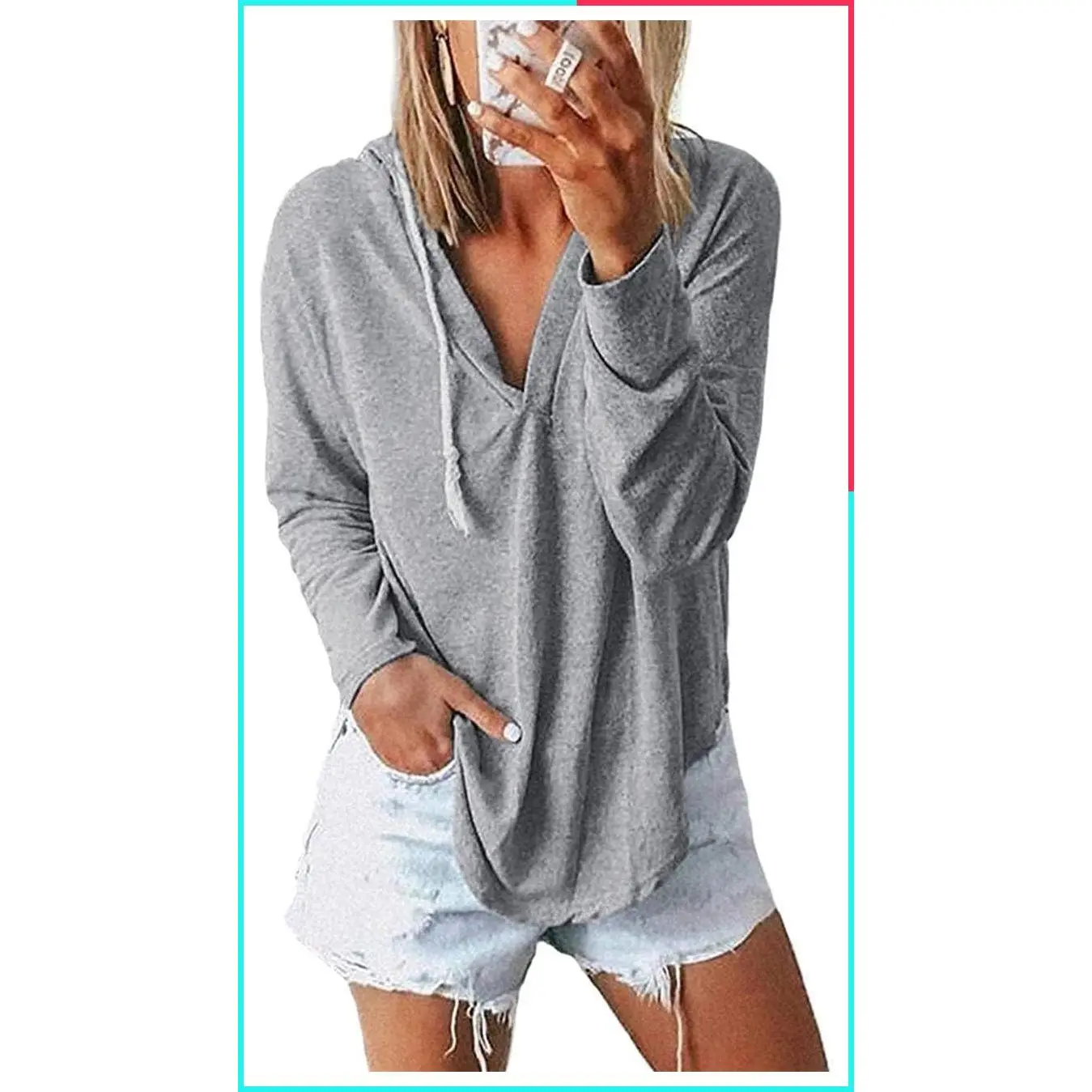 Women's Long Sleeve V-Neck Hoodie Sweatshirt Lightweight Pullover Top