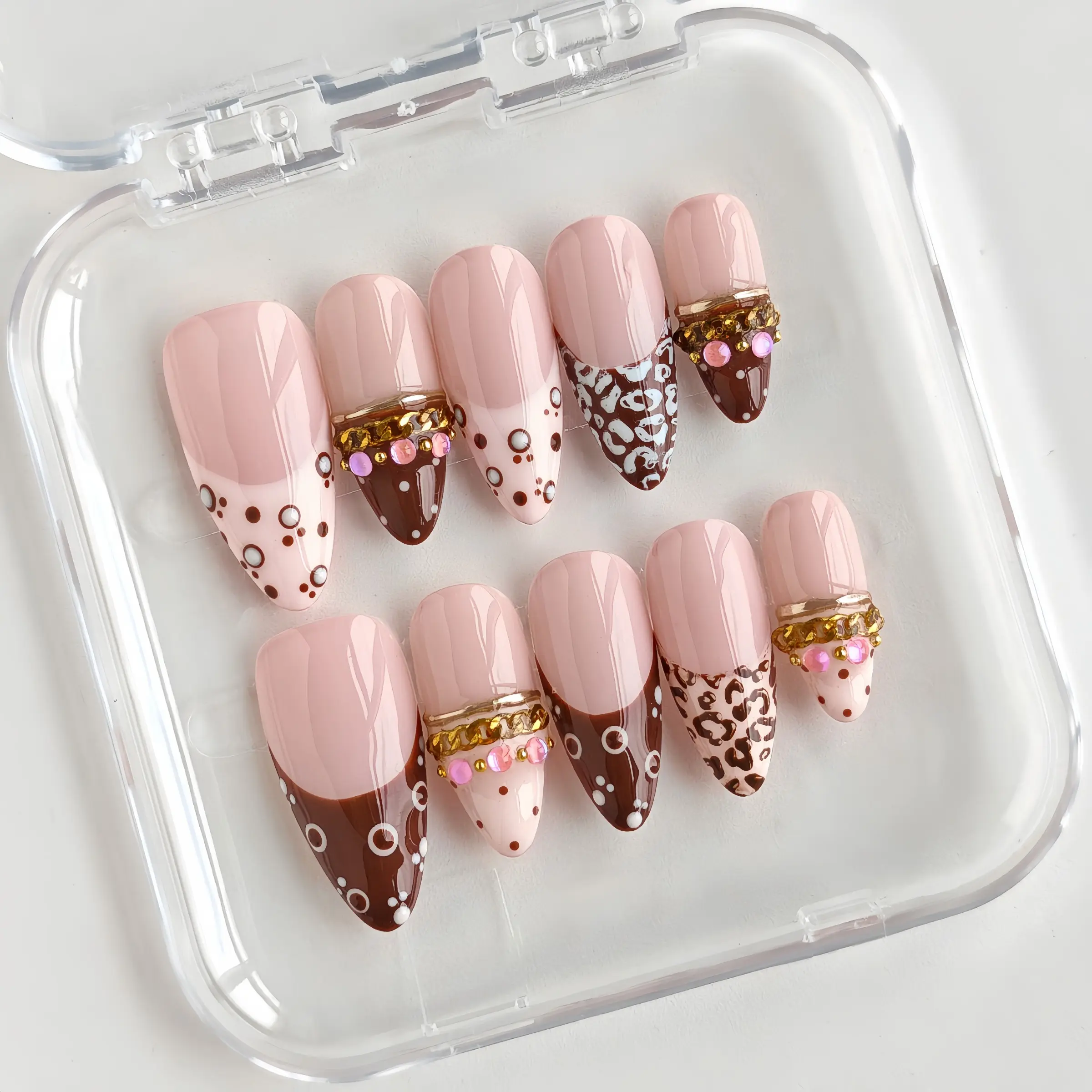 Blush Leopard Press On Nails, Medium Almond, 10pcs Handmade glossy nails with luxury designs including sheer blush nude base, coffee brown tip, polka dot print, gold chain pink rhinestone ornaments, reusable fake nails, Handmade Press Ons