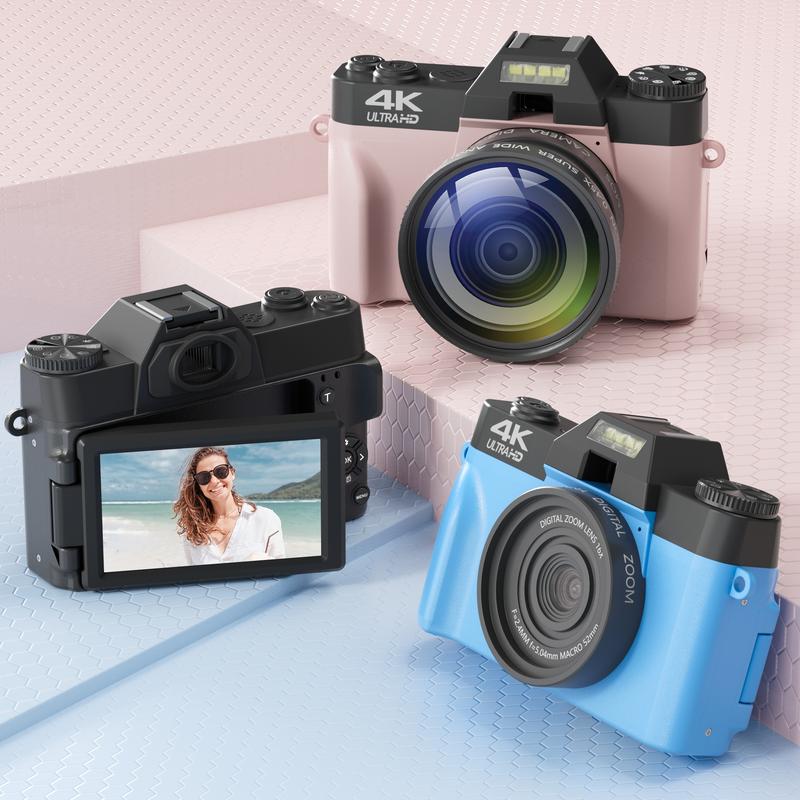 GLOBAL PICK 4K Digital Camera with 180° Flip Screen, 16X Digital Zoom Vlogging Camera, Autofocus Camera, Including Wide Angle & Macro Lens, 32GB TF Card, Ideal Gift Choice, Photographic Kit