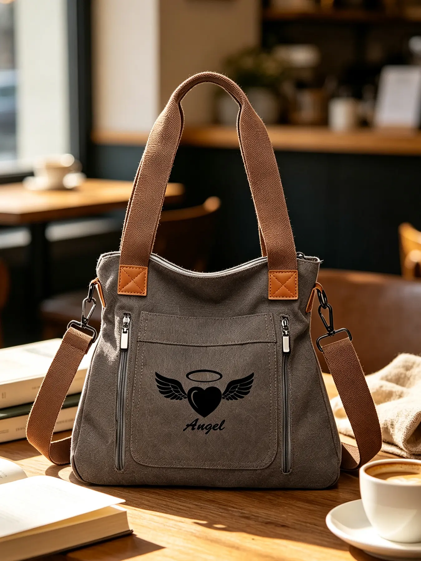 Fashion Tote Bag with Angel Print, Unisex Casual Handbag, Large Capacity Convertible Shoulder & Crossbody Bag, Multipurpose Bag for Commuting, Daily Outing & Overnight Trip, Perfect Holiday Gift