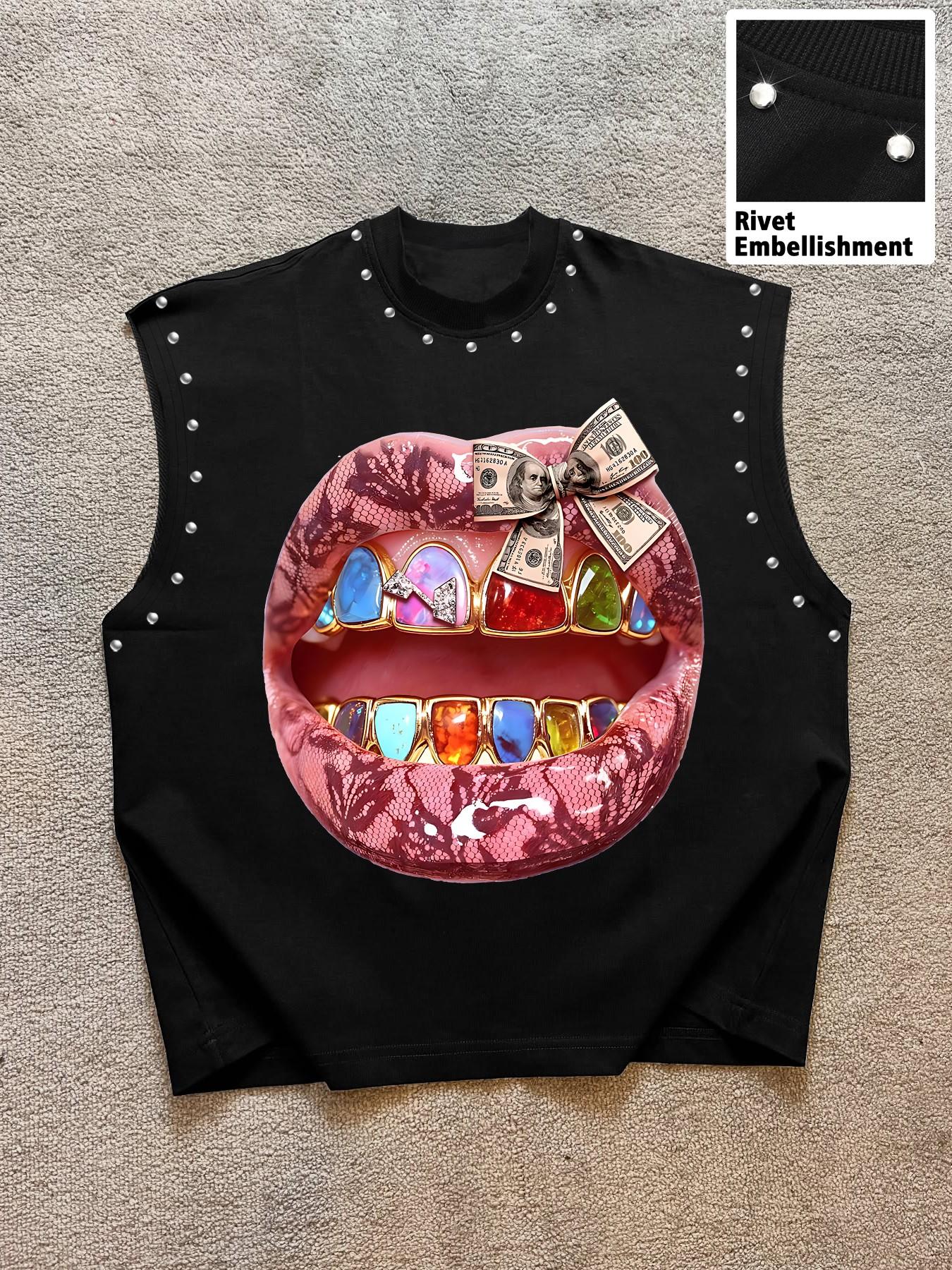 Men's Casual Vest with Snake Pattern Graphic Lips and Rhinestone Colorful Teeth, Funky Hip Hop Streetwear Style for Night Out, Nightclub, Fast-Drying Fabric for Comfortable Fit