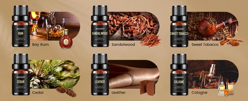 Gentlemen's Essential Oils Set - 6x10ML Mens Fragrance Oil for Candle Making, Diffuser - Sandalwood, Cedar, Leather, Bay Rum, Cologne Aromatherapy Oils for Men