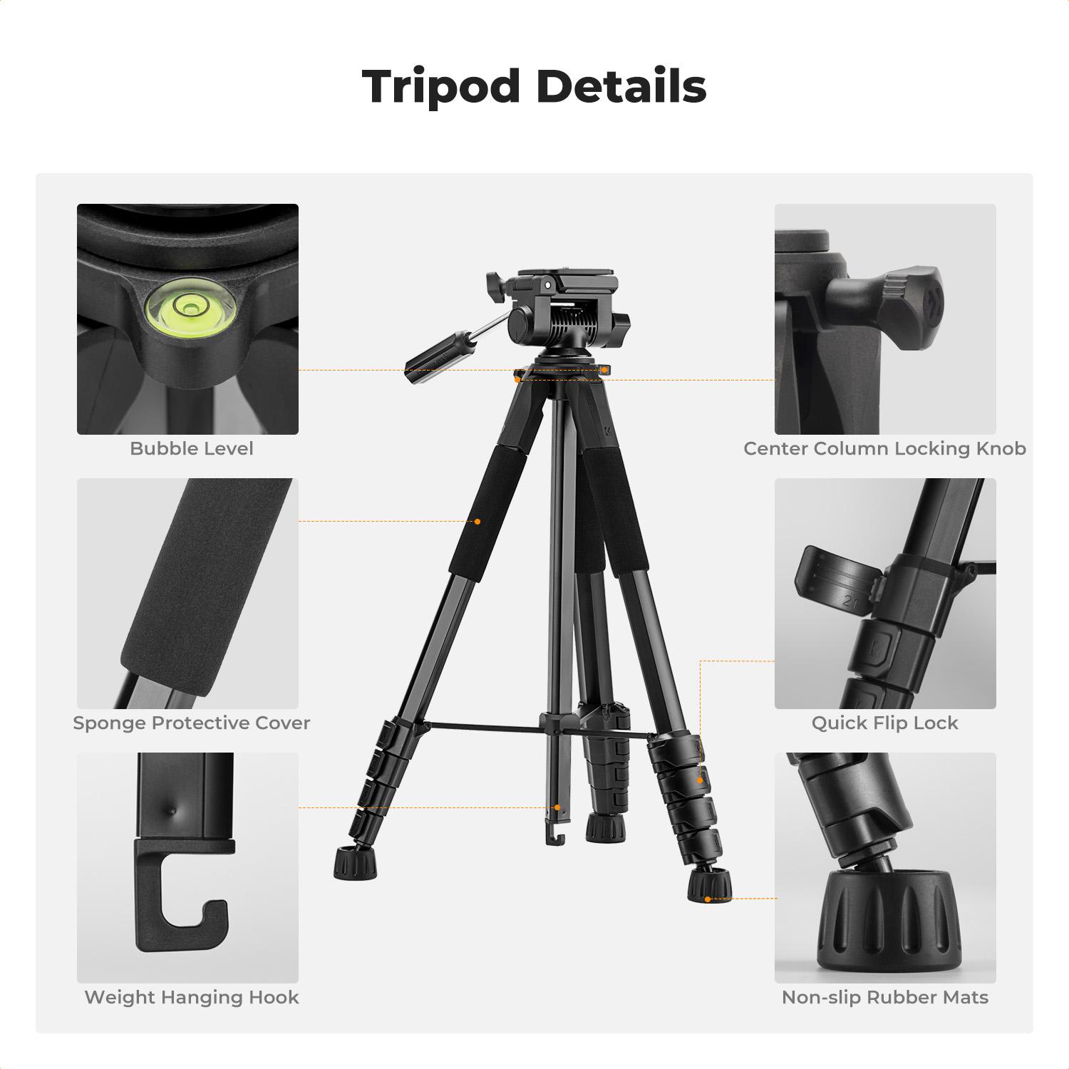 [K&F CONCEPT]K&F Concept Camera Tripod, 75" Lightweight Portable Travel Outdoor DSLR Tripods for Camera Phone Video Recording Tripod Stand, Cellphone Clip for Smartphone Live Streaming Vlog, Black, deskmount