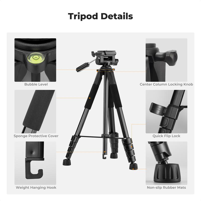 [K&F CONCEPT]K&F Concept Camera Tripod, 75" Lightweight Portable Travel Outdoor DSLR Tripods for Camera Phone Video Recording Tripod Stand, Cellphone Clip for Smartphone Live Streaming Vlog, Black, deskmount