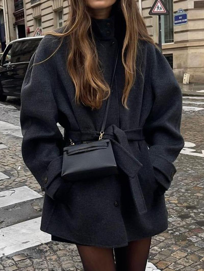 Elegant Stand Collar Belted Long Coat Jackets, Plain Pattern, Fitted Style, Long Sleeve, Casual Fall & Winter Outerwear