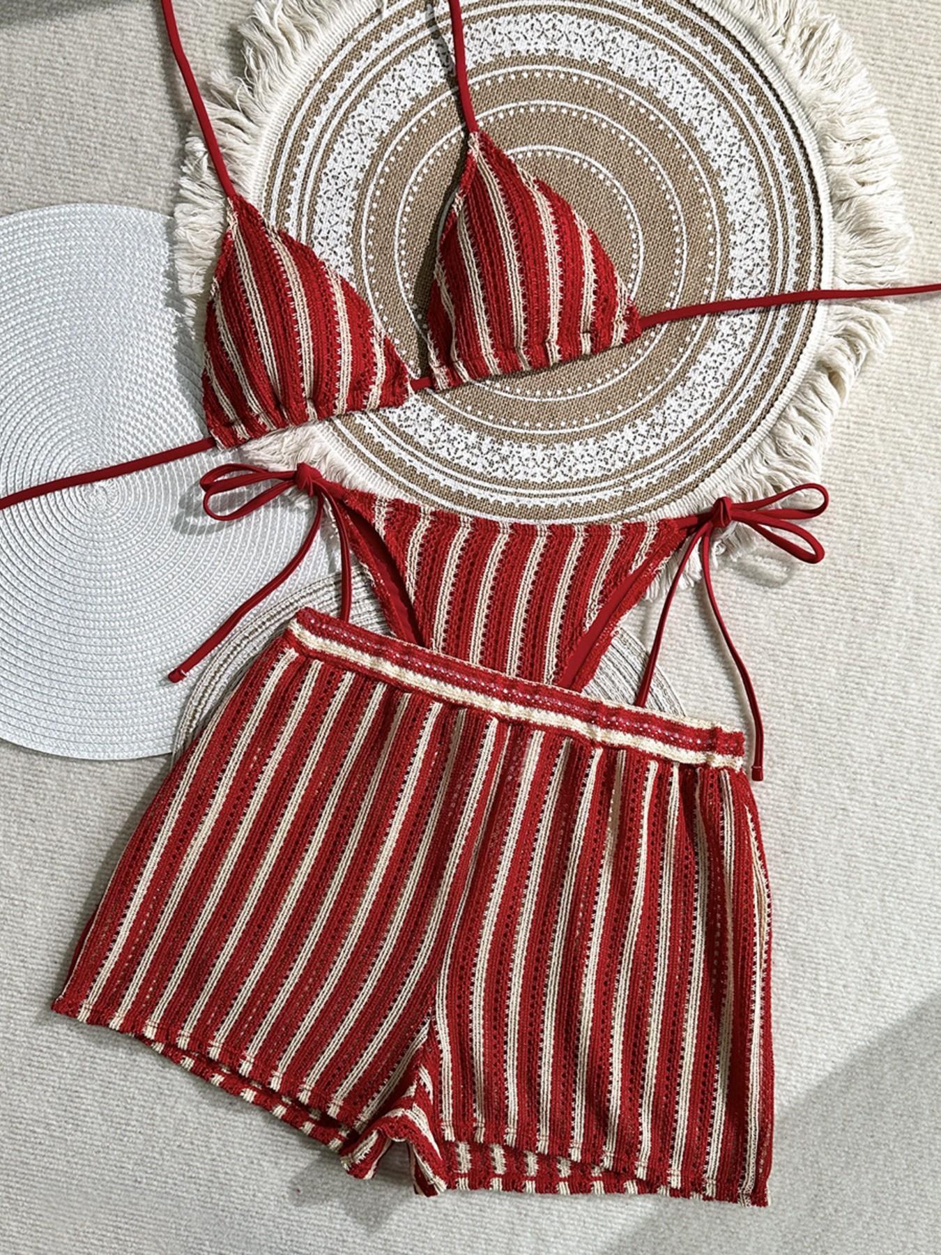 Women's Sweet Spicy Blue Striped Knit Three-Piece Swimsuit Set, High-Waisted Shorts, Sleeveless, Casual Beach Vacation, Halter Bikini Set