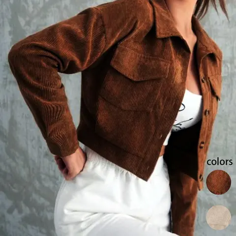 Women's Corduroy Button Front Jacket, Short Design with Pockets, Casual Fashion Outerwear for Fall & Winter Seasons