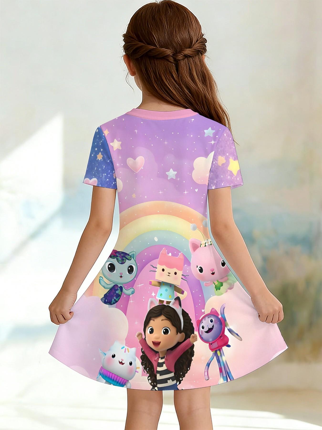 Girls' Gabby Doll House Theme Dress, Summer Fun Short Sleeve Princess Dress, Breathable Casual Dress, Birthday Gift, Holiday Gift