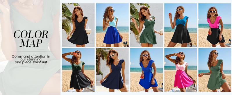 【S-2XL】Tummy Control Tankini Swimsuits for Women V Neck Swimdress Modest Swim Dress Bathing Suit with Boyshorts Outdoorfun