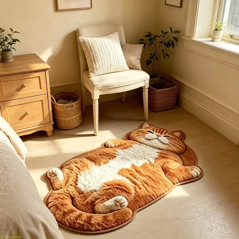 Cat Shaped Plush Area Rug, Fluffy Cartoon Cat Floor Mat, Soft Animal ...