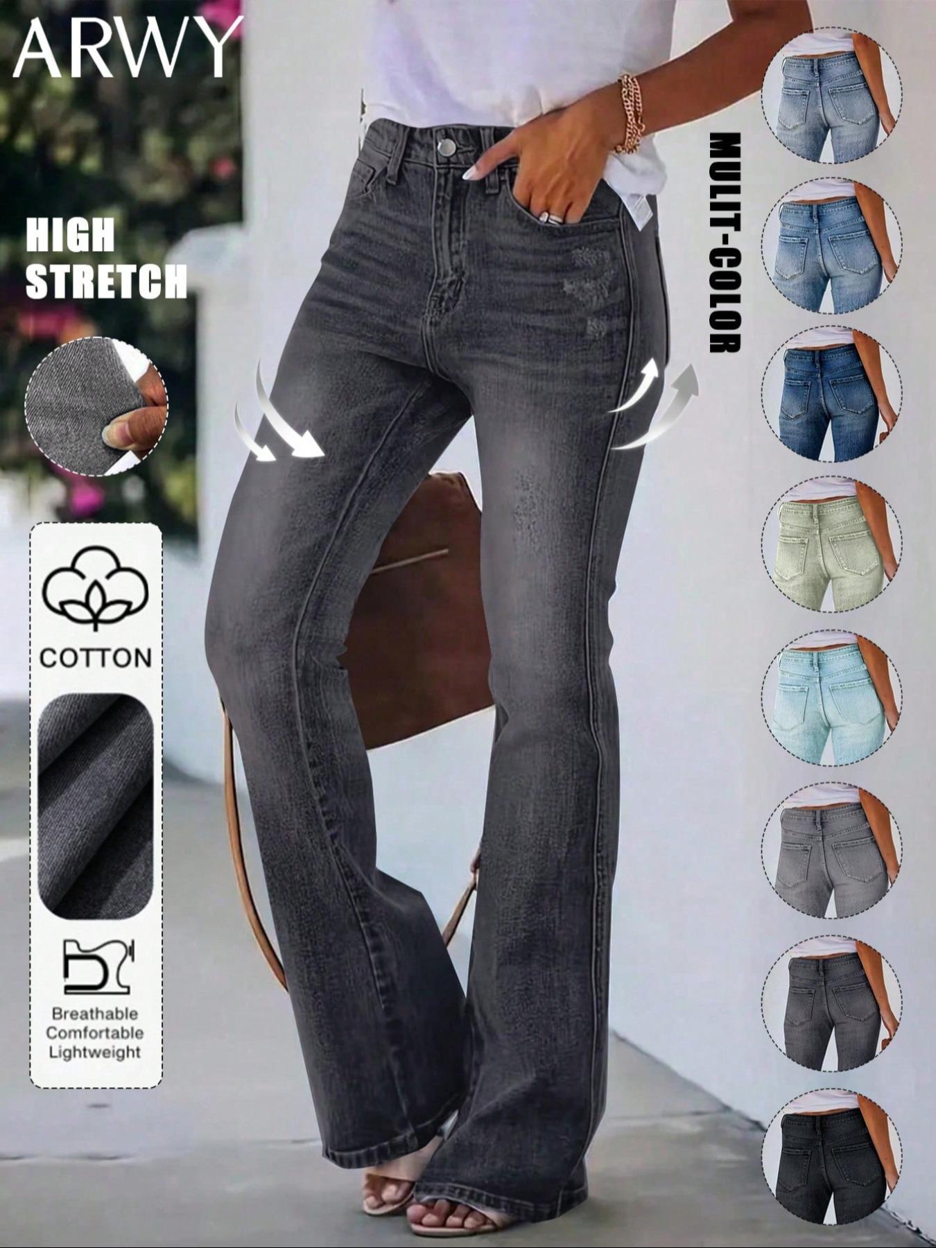 Women's Gradient-Color Slim-Fit Bootcut Jeans with Button, Fashion Mid-Rise Stretchy Washed Denim Pants, Bohemian Style for All Seasons