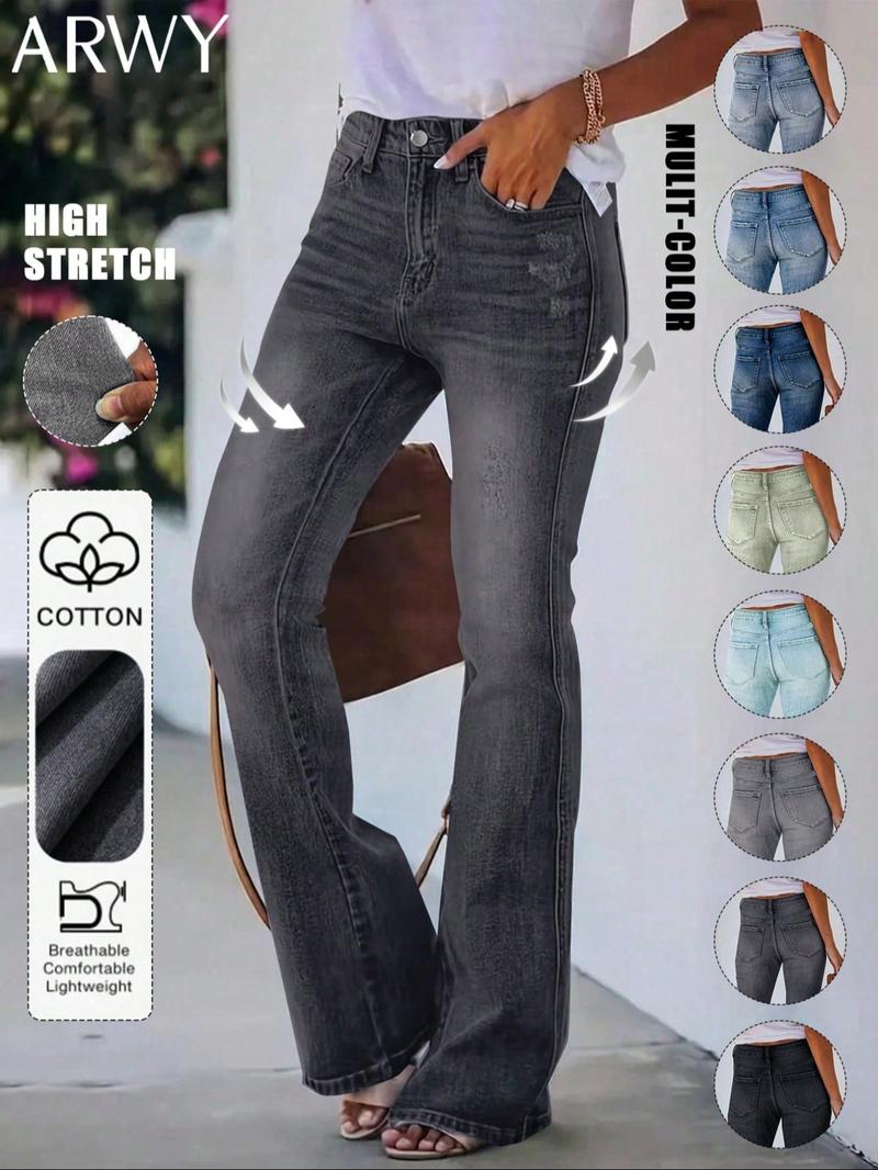 Women's Gradient-Color Slim-Fit Bootcut Jeans, Fashion Mid-Rise Stretchy Washed Denim Pants, Bohemian Style for All Seasons