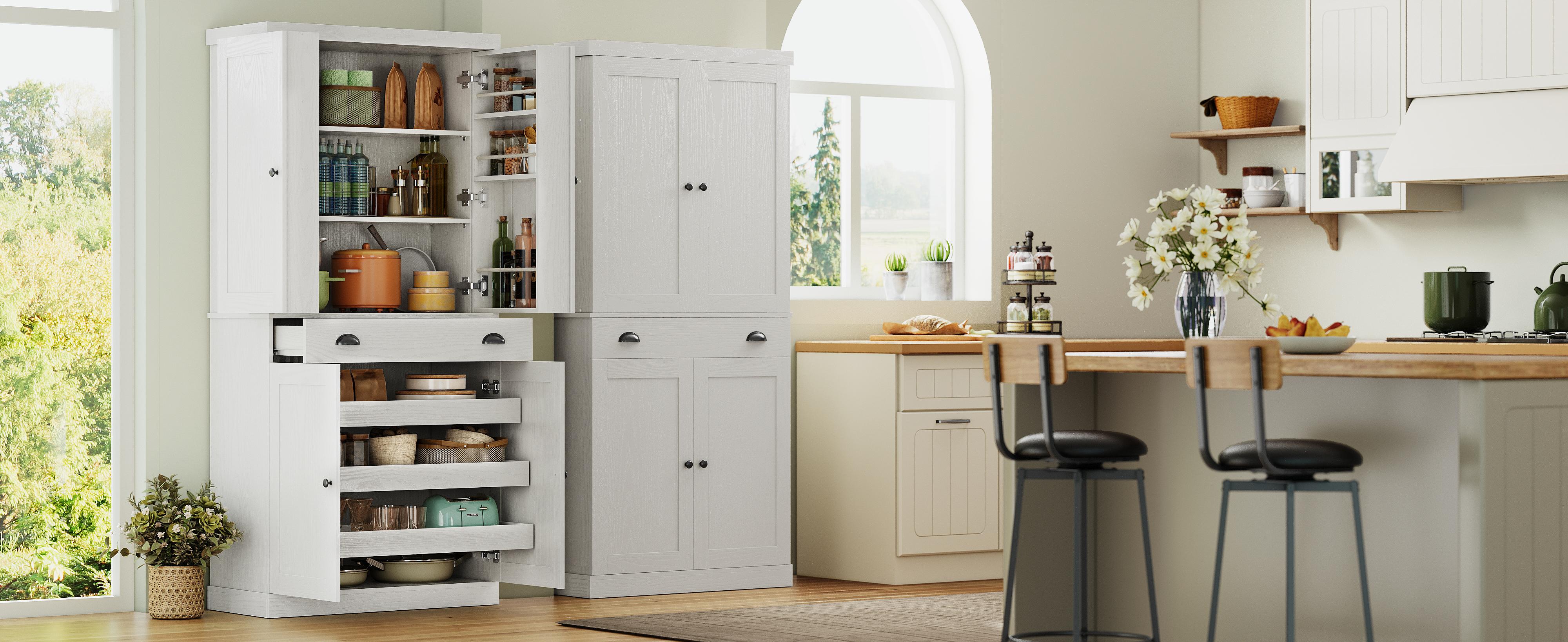 【2 Packages Shipping】IRONCK Kitchen Pantry Cabinet 72" Height, Freestanding Cupboard with Drawer, Sliding Storage Rack, and 6 Hanging Shelves for Dining Room, Laundry