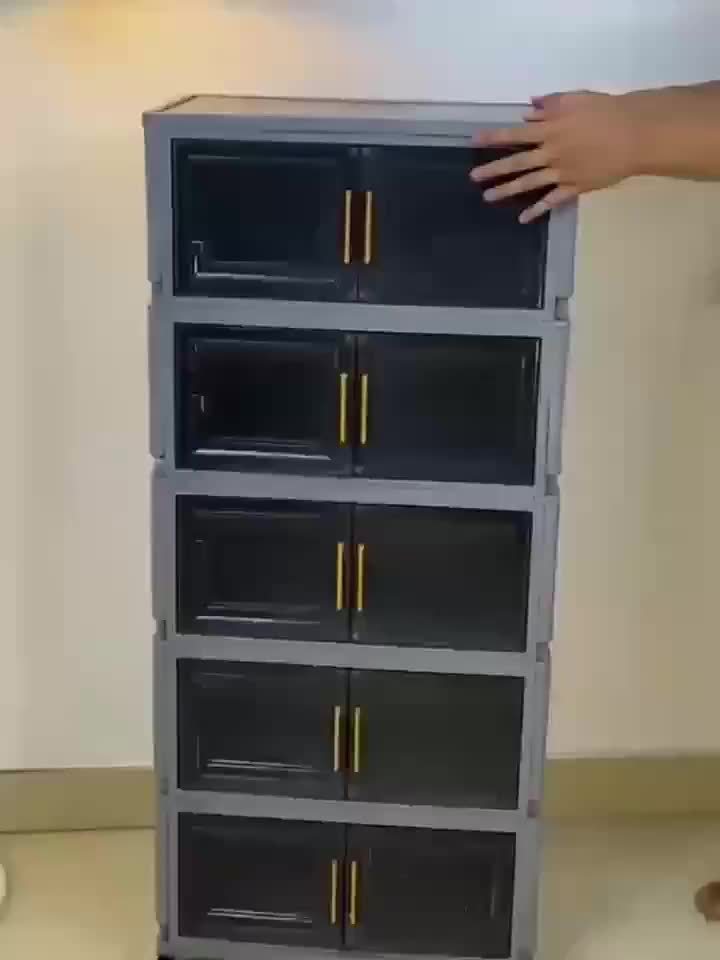 A five-tier (42.72 inches) entryway Plastic storage cabinet, Multi Layer Cabinet, featuring a large capacity with 3/4/5-tier shelving, a magnetic door design paired with silent universal wheels, making it a movable entryway storage cabinet