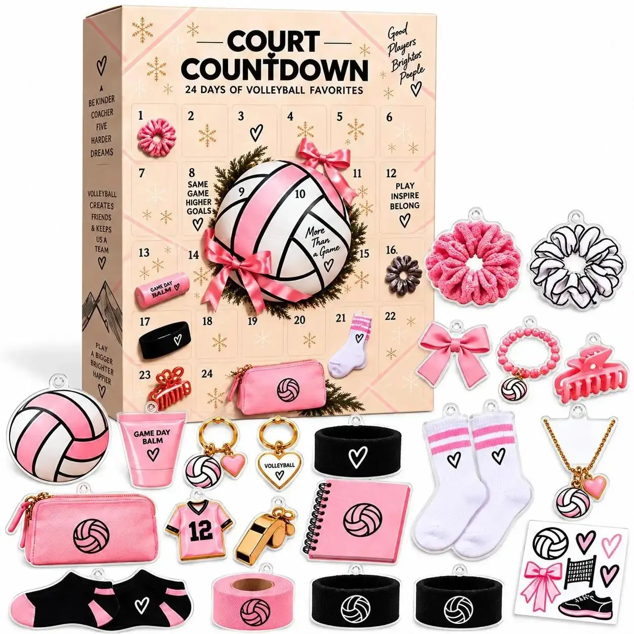 Court Countdown 24 Day Volleyball Advent Calendar 2D Acrylic Volleyball Themed Gift Set with Pink and Black Designs Holiday Countdown Gifts for Fans