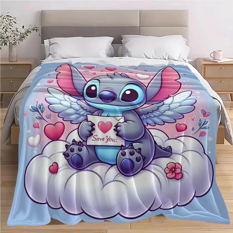Cute Angel Stitch Cloud Theme Flannel Blanket, Light Blue Bottom, Winged Stitch Hugging Heart Card, I Love You Design, Valentine's Day Gift