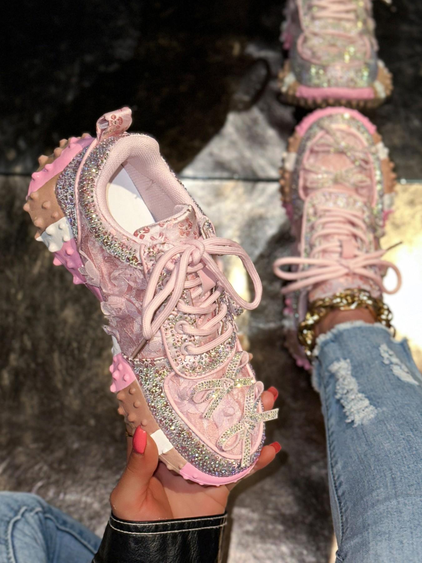 Sweet Cool Girl Style Rhinestone Lace Rose Bow Dad Shoes, Thick Rubber Sole Height Boost Slimming Anti-Slip Casual Streetwear Sports Shoes