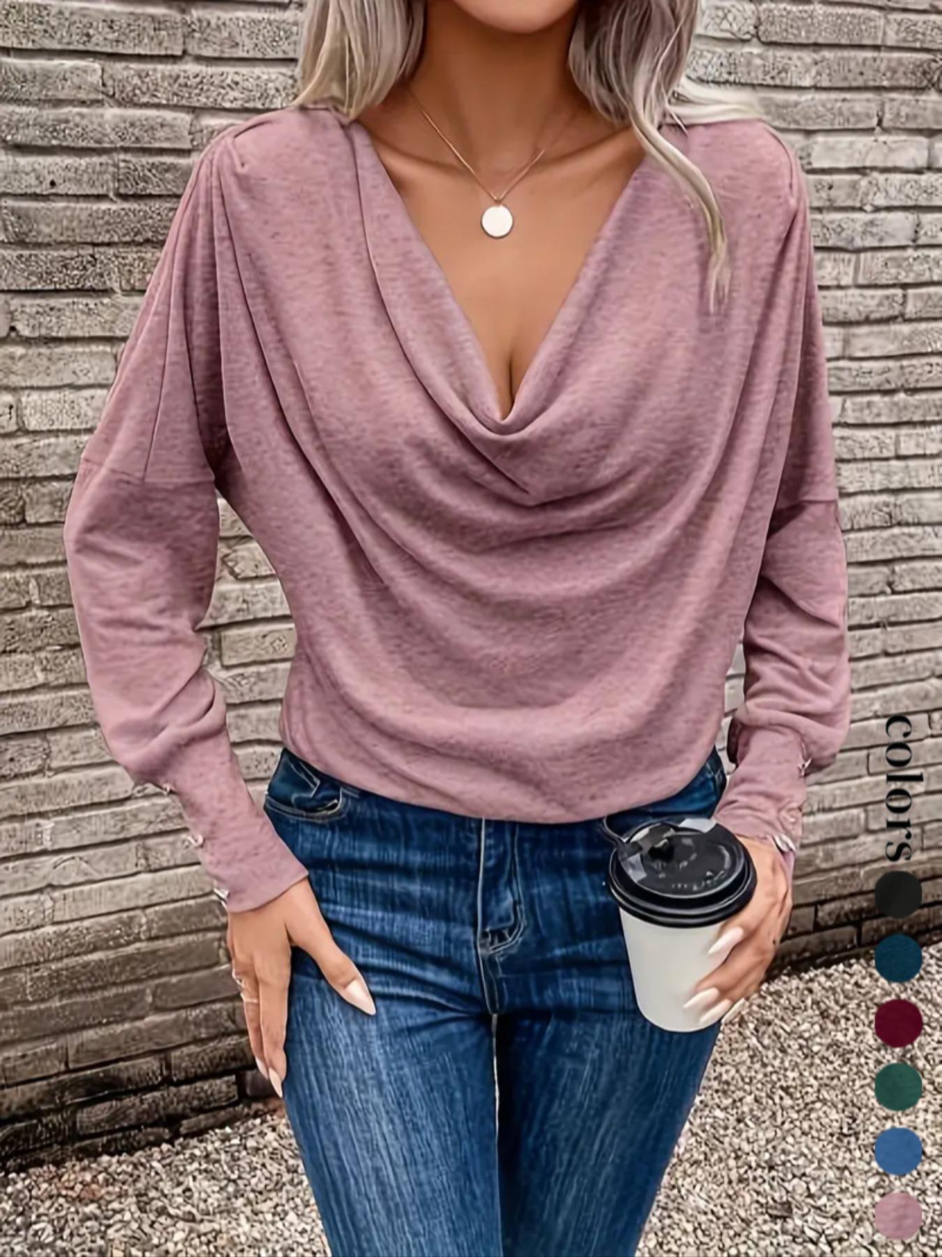 Women's Casual Ruched Long Sleeve T-Shirt, New European-Style Top in Comfortable Stretch Fabric, Perfect for Fall & Winter