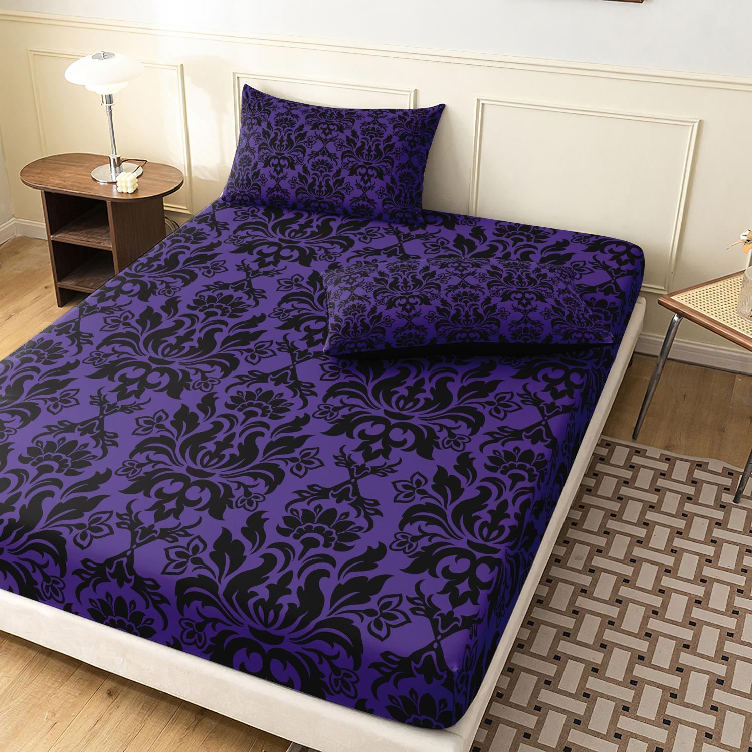 3pcs Fitted Sheet Set (1 Fitted Sheet + 2 Pillowcases, Pillow Core Not Included), Home Dormitory High-Definition Printed Black Pattern Fitted Sheet