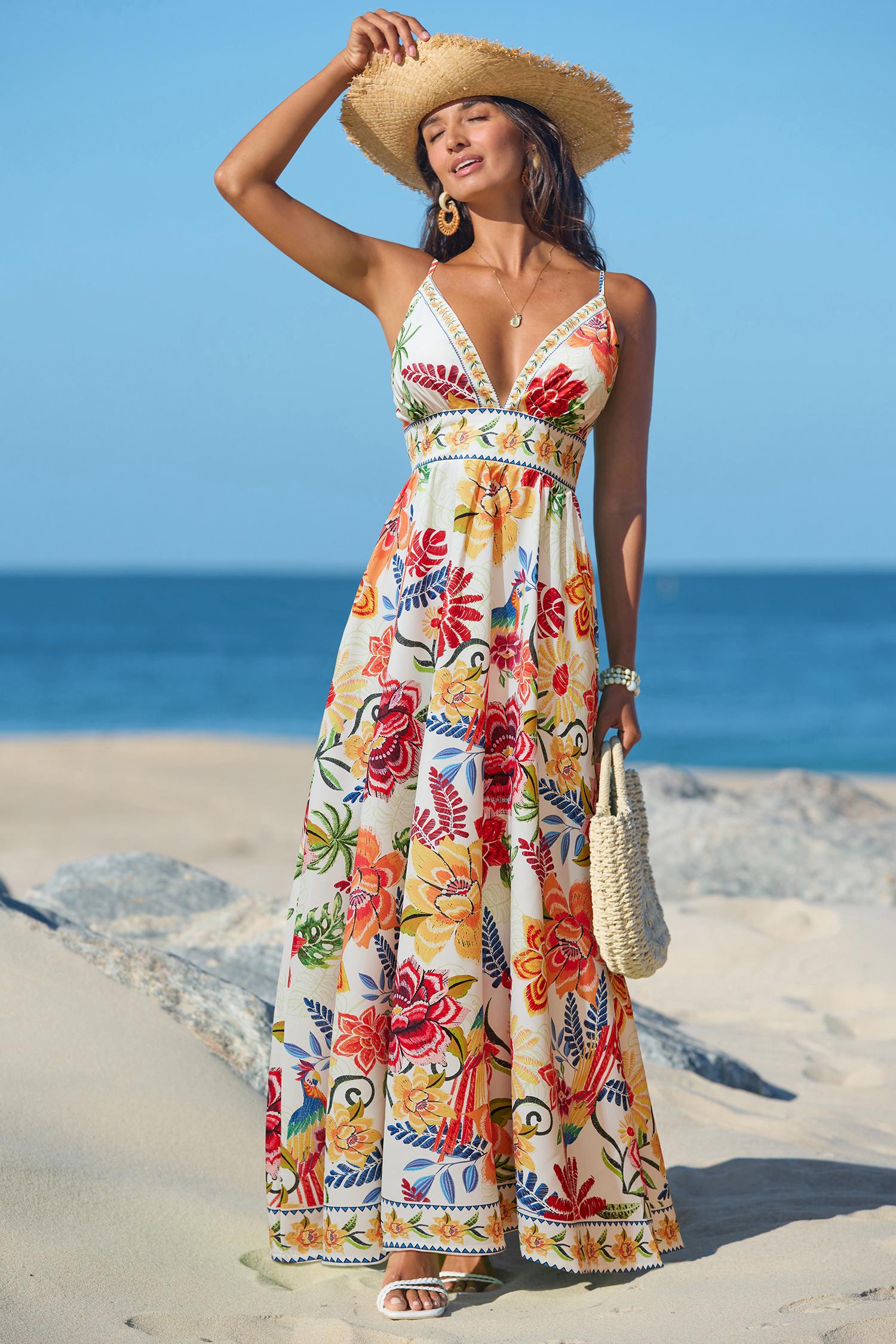 CUPSHE Vibrant Oasis Tropical Maxi Dress with Square Neckline Sleeveless Floral Print Back Zip Closure Boho Beach Bohemian Outfit for Women - Yellow birthday outfit SpringStatements