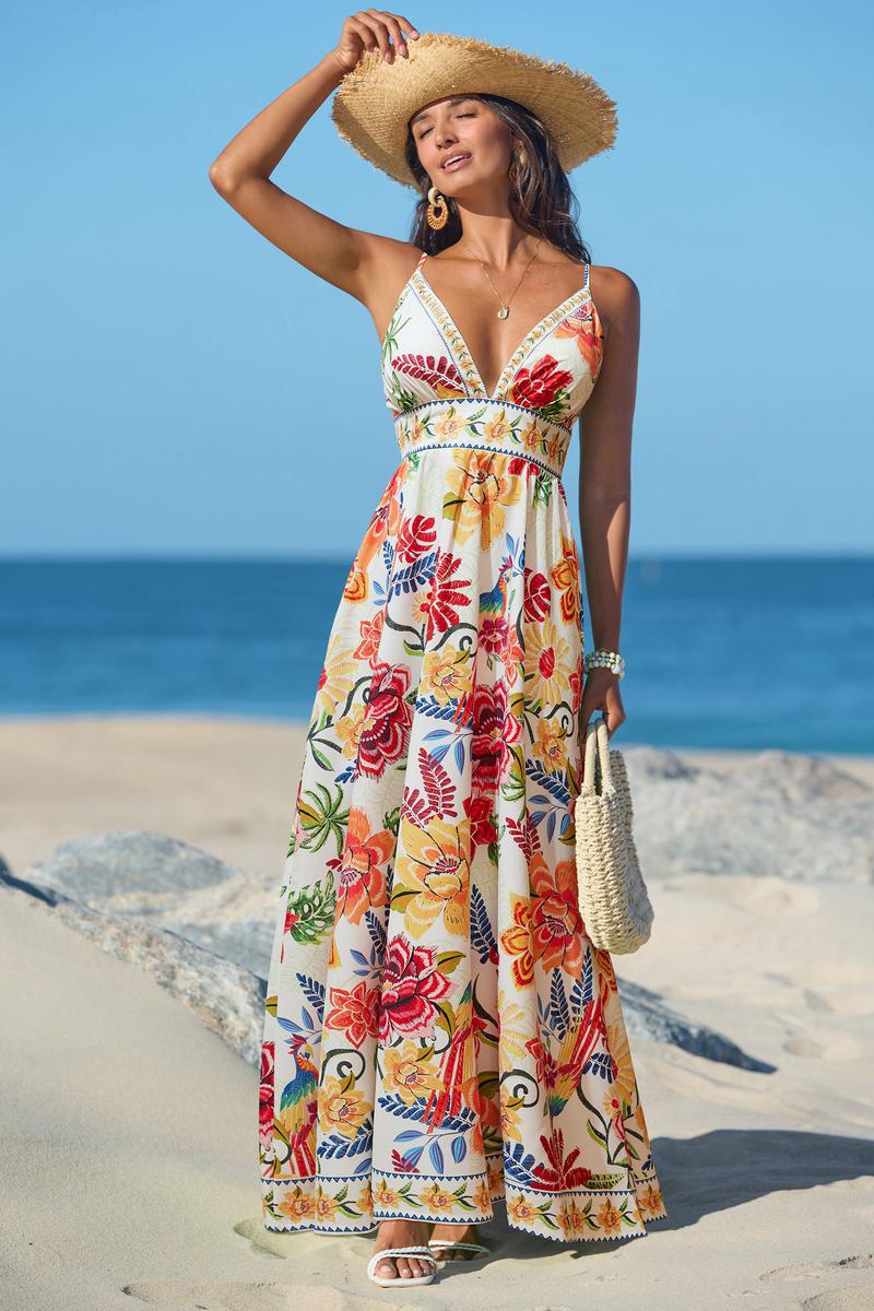CUPSHE 【Valentine's Day】 Vibrant Oasis Tropical Maxi Dress with Square Neckline Sleeveless Floral Print Back Zip Closure Boho Beach Bohemian Outfit for Women - Yellow birthday outfit
