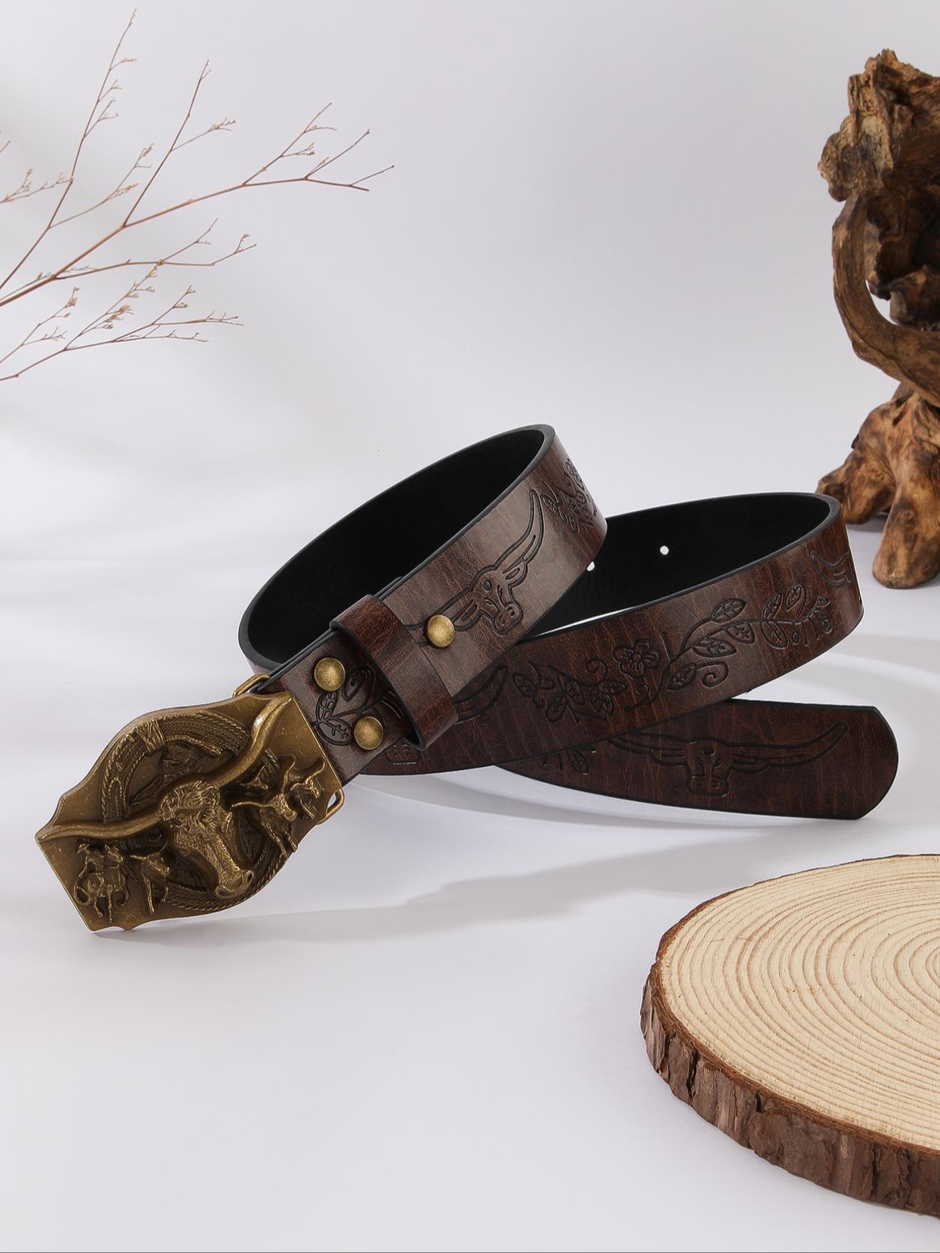 Vintage Flowers Embossed Western Belt with Cow Decor Buckle, Western Belt Buckles, Fashion All-match Cowboy Waistband for Jeans, Trendy Accessories for Daily Life