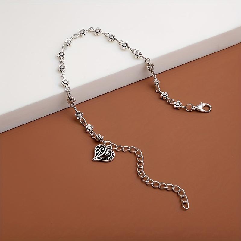 Women's Silvery Stainless Steel Bohemian Ankle Bracelet - Hollowed Plum Blossom Flowers, Love Heart Designs, Tassel Foot Chain - Casual Female Costume Jewelry for Birthday Gift, Beach Party