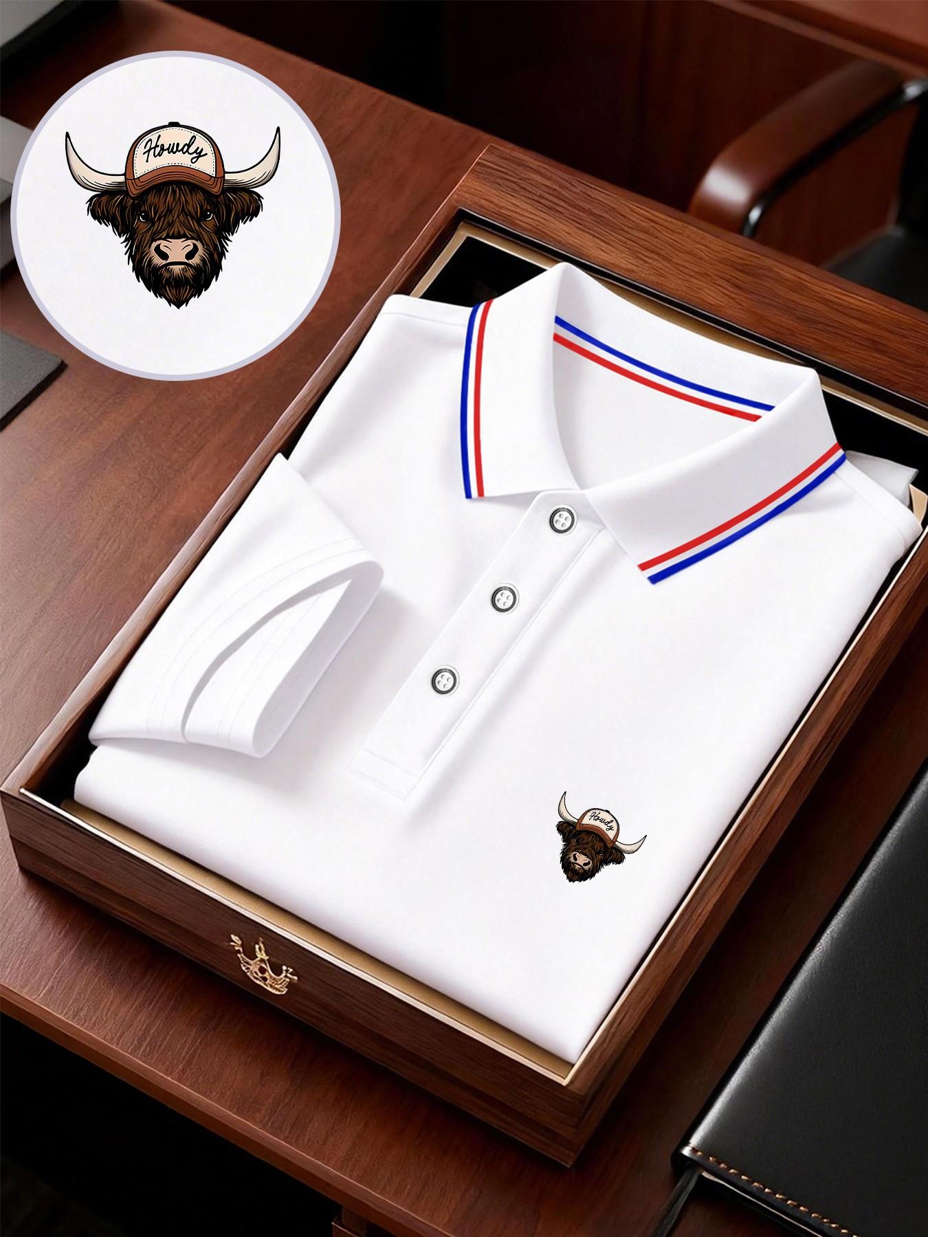 Men's Geometric Print Polo Shirt, Loose-Fit Short Sleeve, Breathable Elastic Fabric, Casual Business Tee, Spring Summer Outdoor Wear