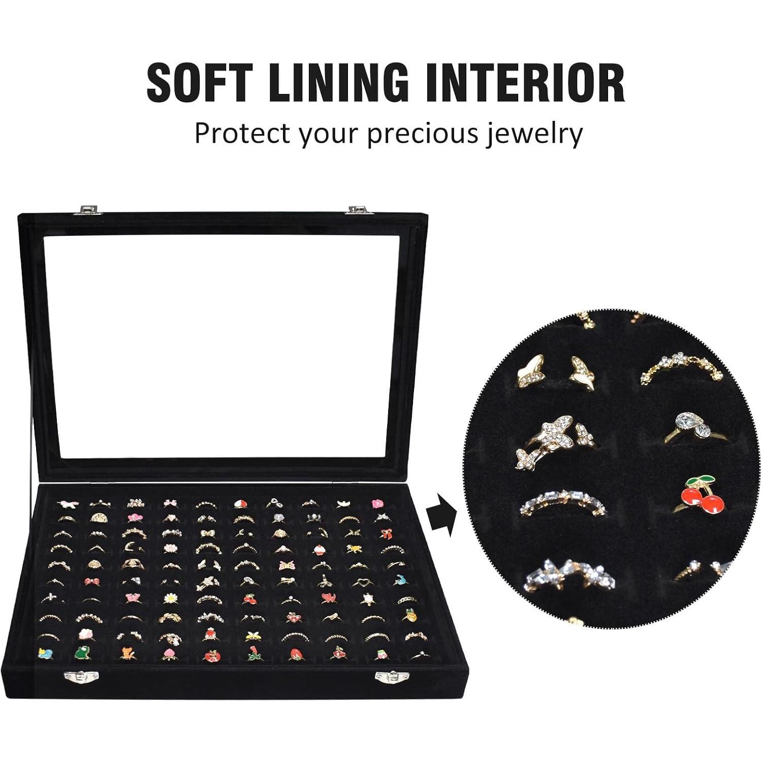 100-Slot Ring Organizer Tray - Transparent Cover Lined Storage Box, Protective Earring-Compatible Design, Fits Various Sizes for Personal Use & Display