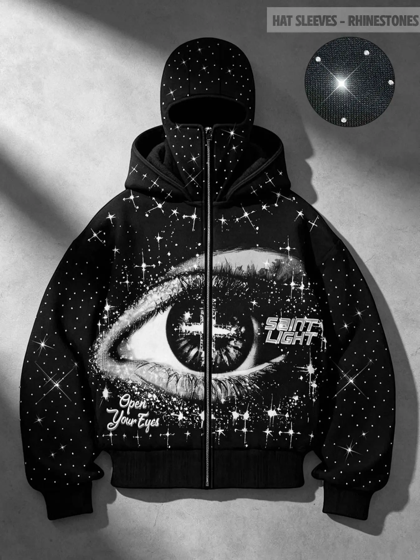 Y2K Gothic Rhinestone-Embellished Face-Mask Fleece Hoodie – Oversized Thermal Zip-Up with "Open Eyes," Cross, and Eye Graphics – Unisex Streetwear Style