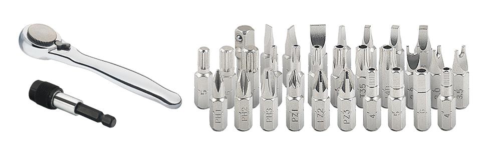 STREBITO Right Angle Screwdriver 32-Piece 1/4 Inch Mini Ratchet Set Low Profile Offset Bit Set with 72-Tooth Ratcheting Wrench Stubby Ratchet 90 Degree Screwdriver for Small Spaces
