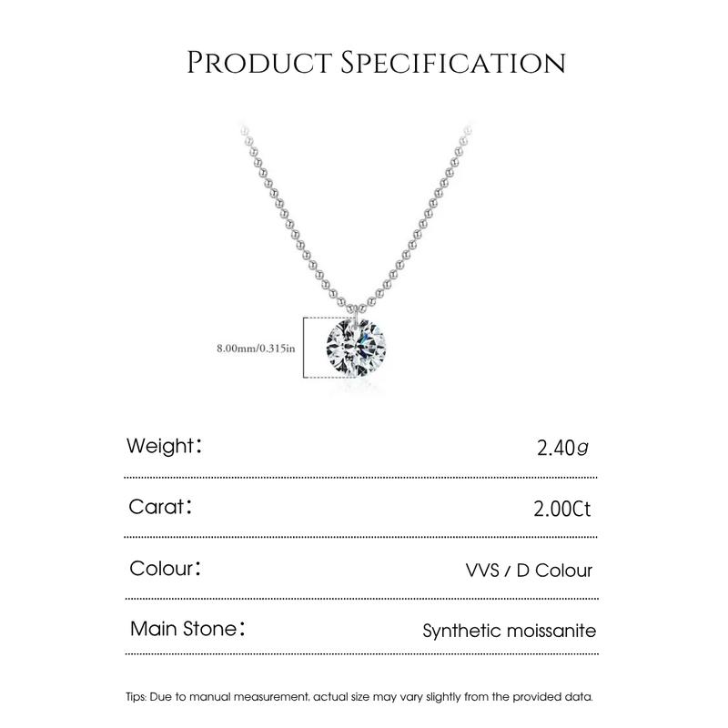 Drinsper S925 2.00CT Synthetic Moissanite Beaded Pendant Necklace for Women Girls Sterling Silver Minimalist Style Choker Suitable for Daily Wearing Birthday Chrismas Gift for Girlfriend Mom