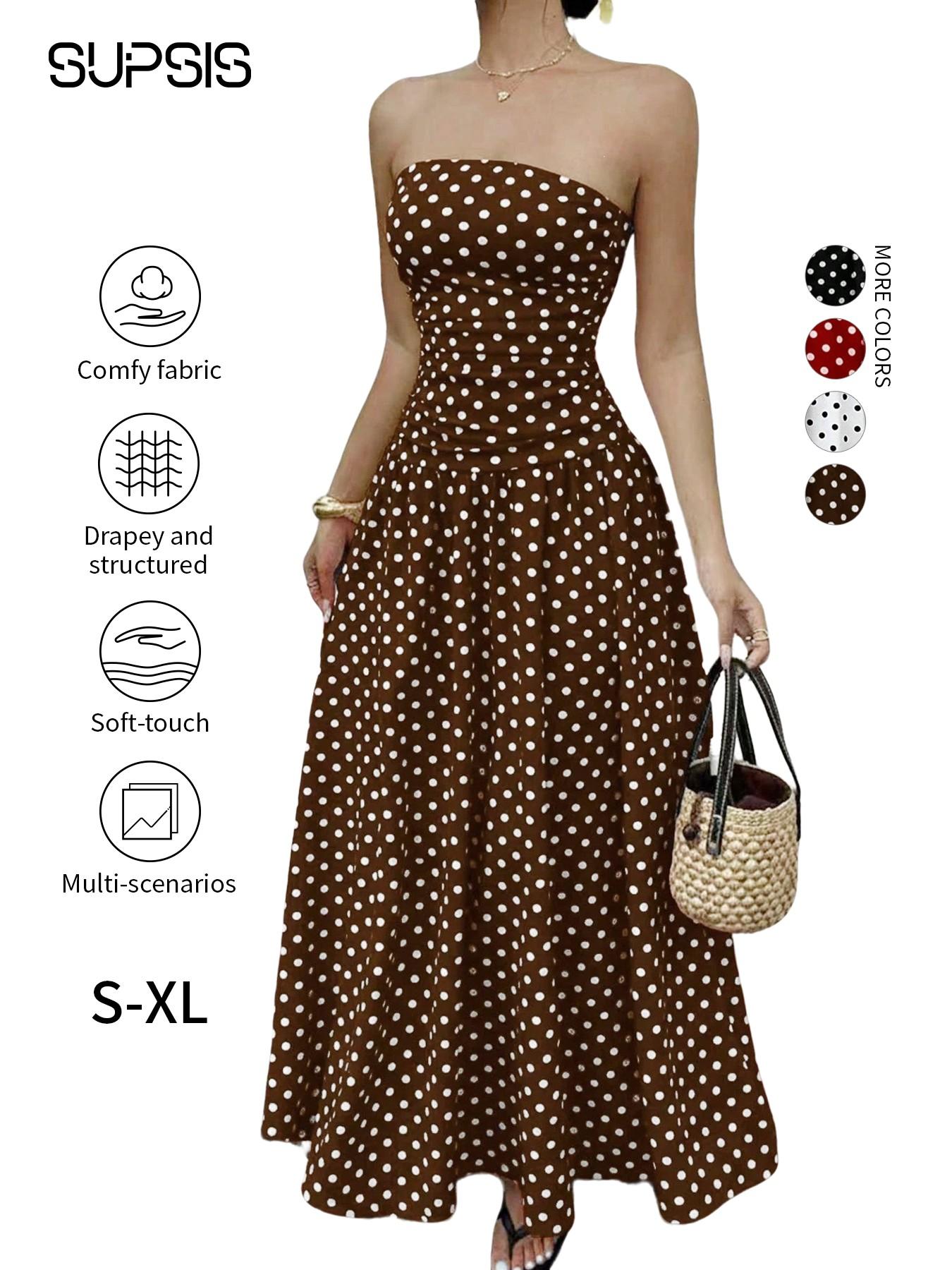 Women's Polka Dot Strapless Dress, Elegant Sleeveless Swing Flowy Maxi Dress, Spring & Summer Fitted Knit A-Type Dress