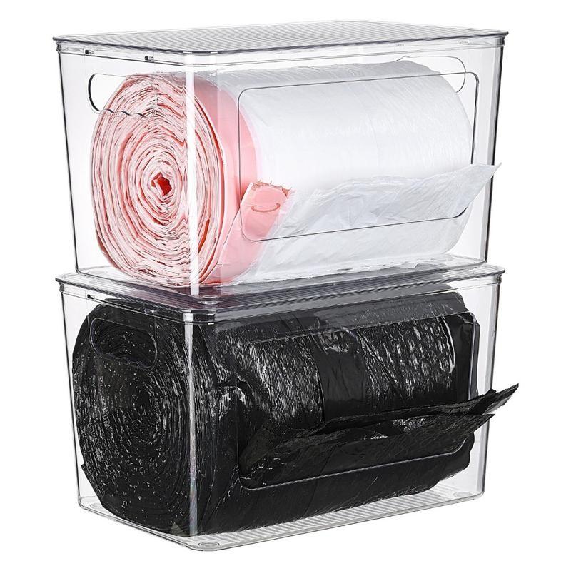 Transparent Storage Box, Stackable Trash Bag Dispenser, Plastic Trash Bag Rack for Kitchen Sink & Laundry Room, Multifunctional Storage Bin