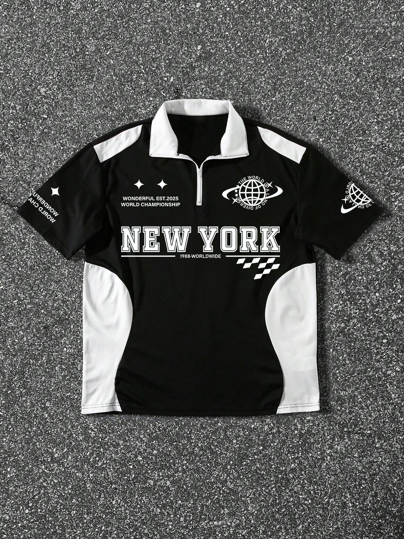 Men's Patchwork Half-Zip Polo Shirt, Racing Style Trendy Design, Perfect for Daily Wear or Unique