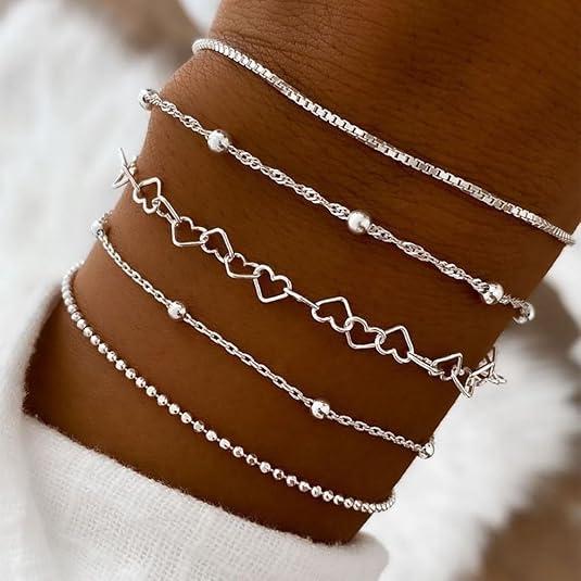5 Piece Stainless Steel Heart Bead Multi-Layer Bracelet Set, Stackable Bracelets, Unisex Accessory, Perfect for Daily Wear, Work, and Parties