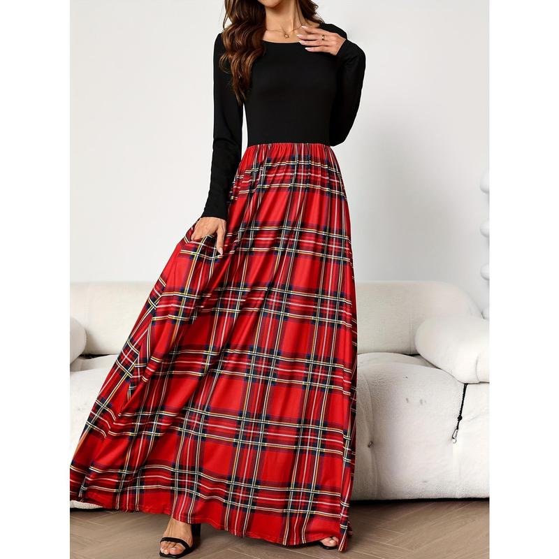 Women's Elegant Red and Black Plaid Maxi Dress - Fashionable Long Sleeve A-Line Dress - Round Neck Polyester Comfortable Fit for All Seasons - Long Sleeve Dress Casual Fabric summer outfits mom sundresses camel royal outfit Womenswear Knitted