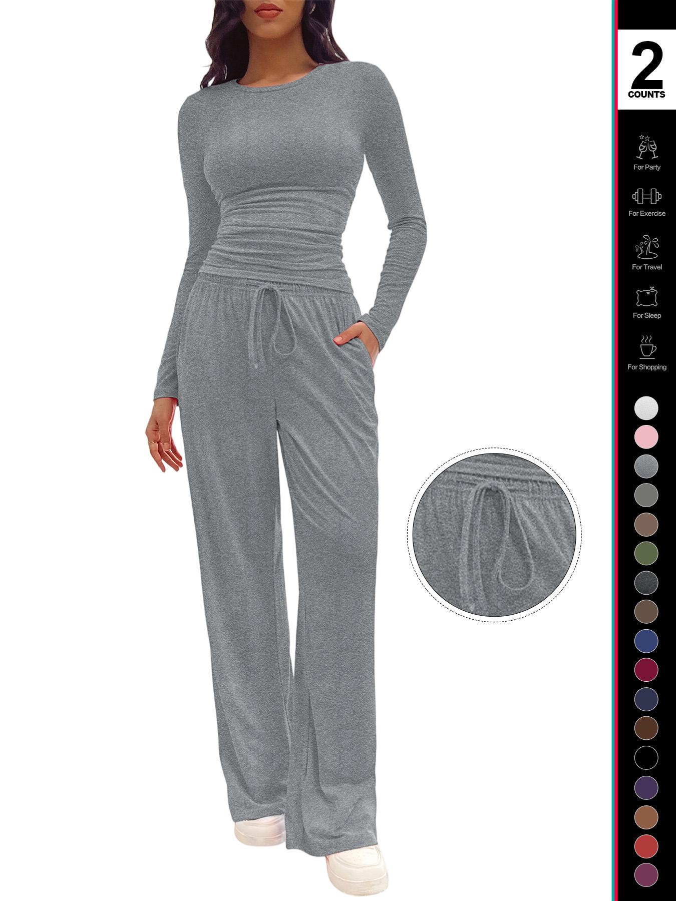 Women's Solid Ruched Drawstring Loungewear Set, Casual Fit Long Sleeve Round Neck Top & Pocket Wide Leg Trousers, Ladies Sleepwear for All Seasons