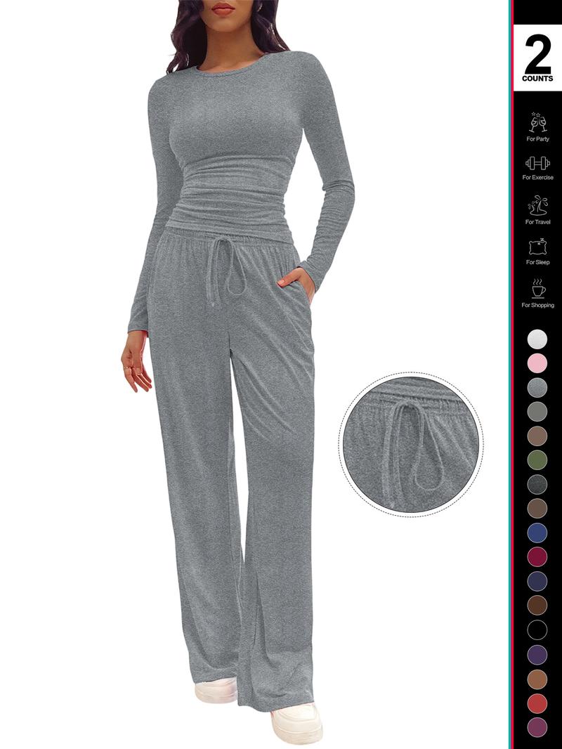 Women's Solid Ruched Drawstring Loungewear Set, Casual Long Sleeve Round Neck Top & Pocket Wide Leg Trousers, Ladies Sleepwear for All Seasons