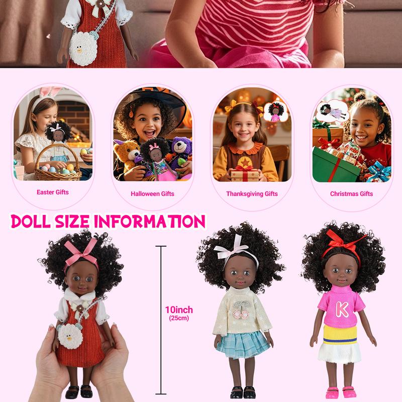 Black Baby Doll, 10 inch American African Girl Doll with Dress, Realistic Reborn for Kids Aged 2 3 4 5 6, Silicone Small Toy Curly Hair Birthday Gift, Brown