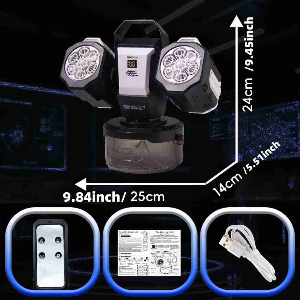 Dual Head Remote Bubble Machine, RGB Atmosphere Light, Rechargeable, 360° Auto Rotation, 30000 Bubbles Per Minute, Wedding Party Outdoor Use