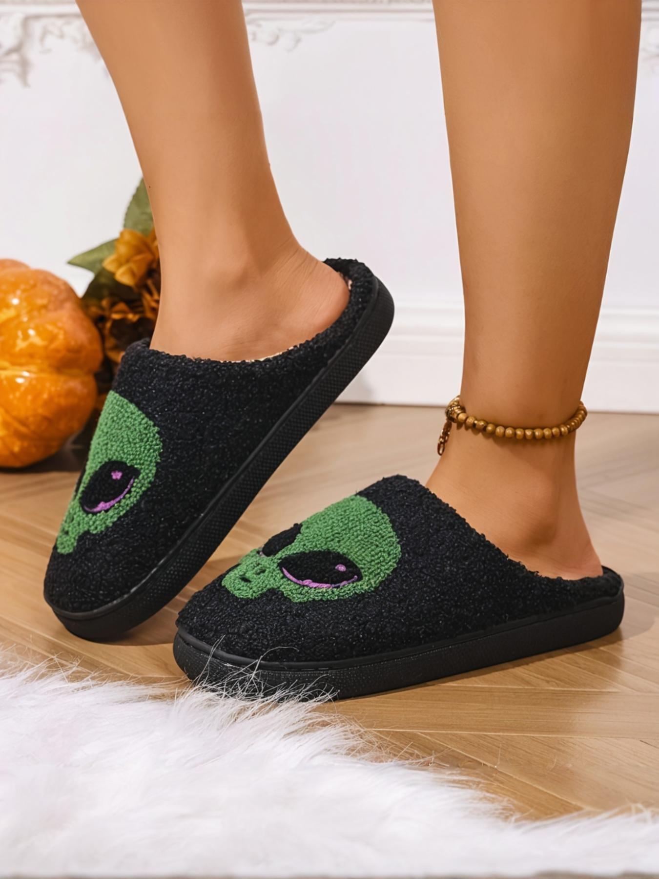 Halloween Comfortable Couple Slippers, Alien Eye Embroidery, Cartoon Pattern, Warm Home Slip-Ons for Women, Casual Textile Design